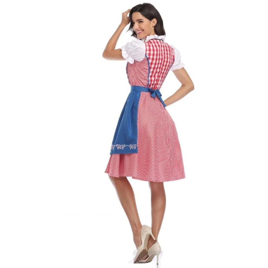 Women’s Check Dirndl Dress – Lace-Up Oktoberfest Midi with Apron