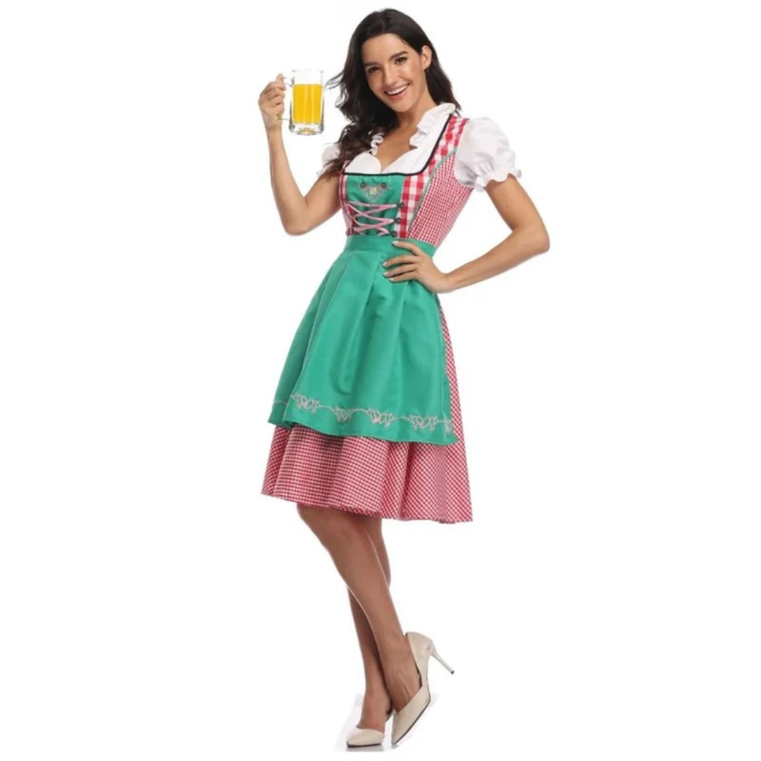 Women’s Check Dirndl Dress – Lace-Up Oktoberfest Midi with Apron