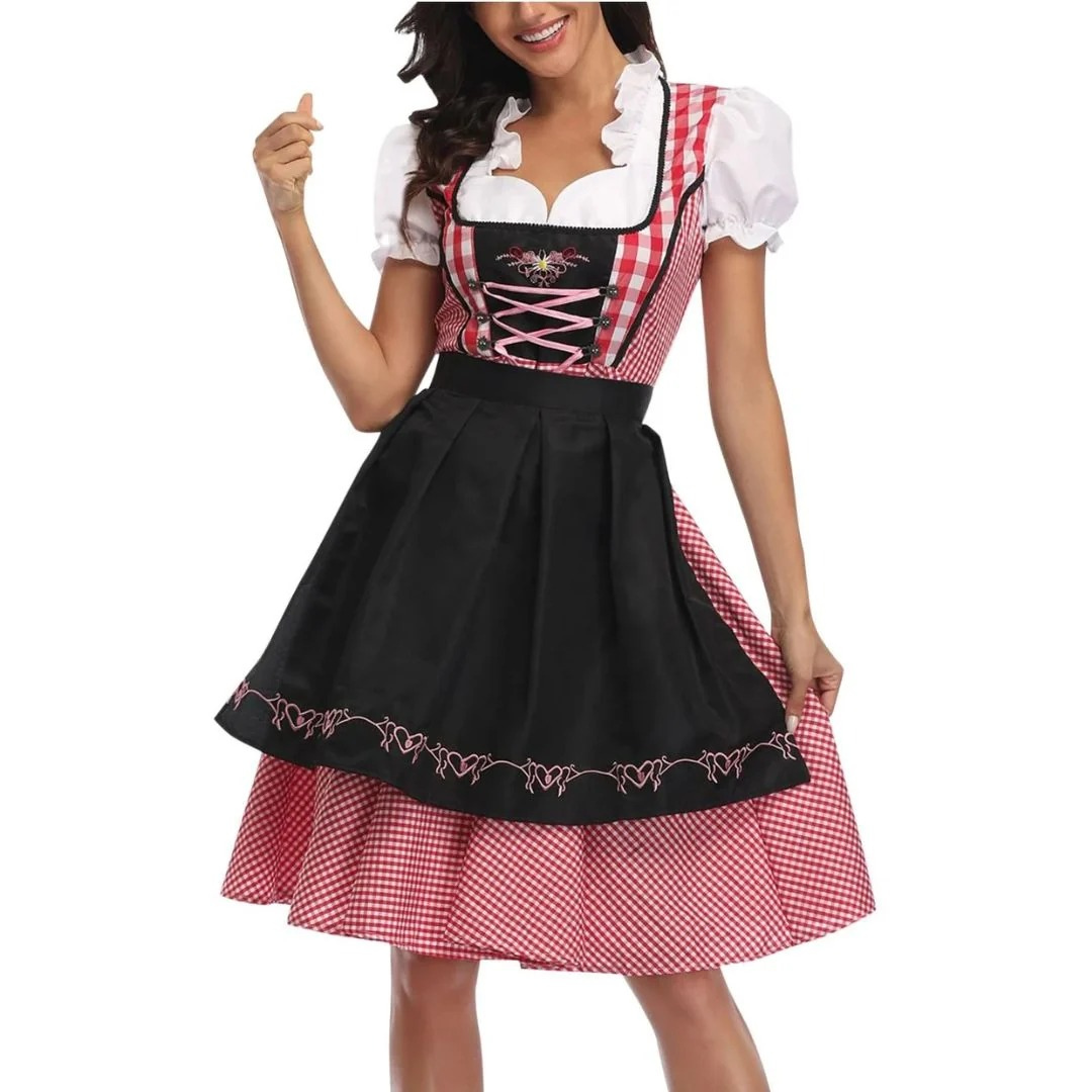 Women’s Check Dirndl Dress – Lace-Up Oktoberfest Midi with Apron