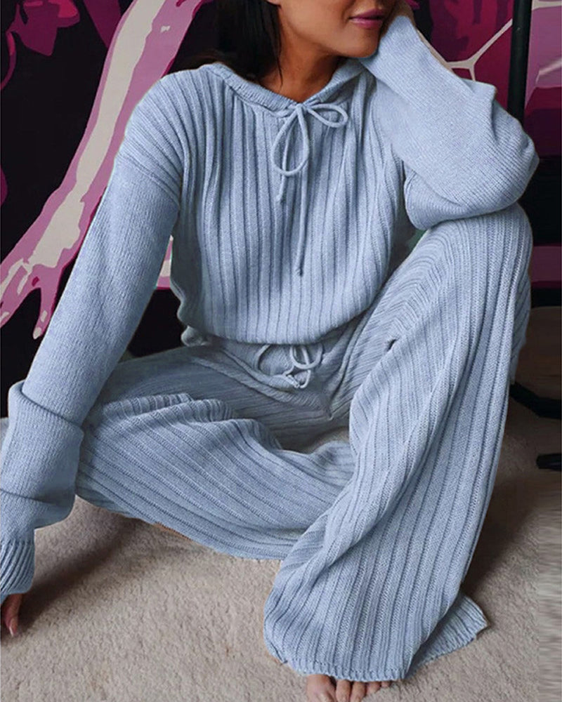 Conjunto de pijama de malha canelada com capuz para mulher – camisola de manga comprida para estar em casa com calças de perna larga, para um aconchego de inverno