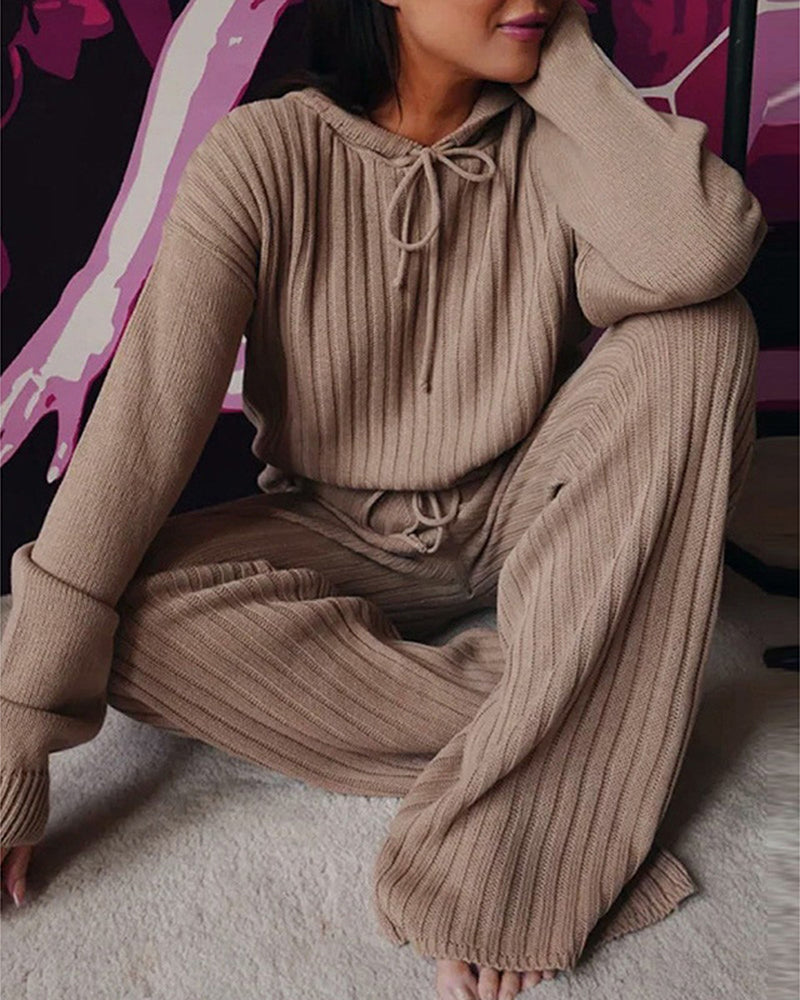 Conjunto de pijama de malha canelada com capuz para mulher – camisola de manga comprida para estar em casa com calças de perna larga, para um aconchego de inverno