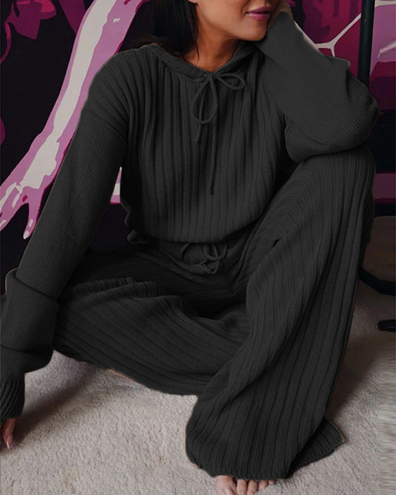 Conjunto de pijama de malha canelada com capuz para mulher – camisola de manga comprida para estar em casa com calças de perna larga, para um aconchego de inverno