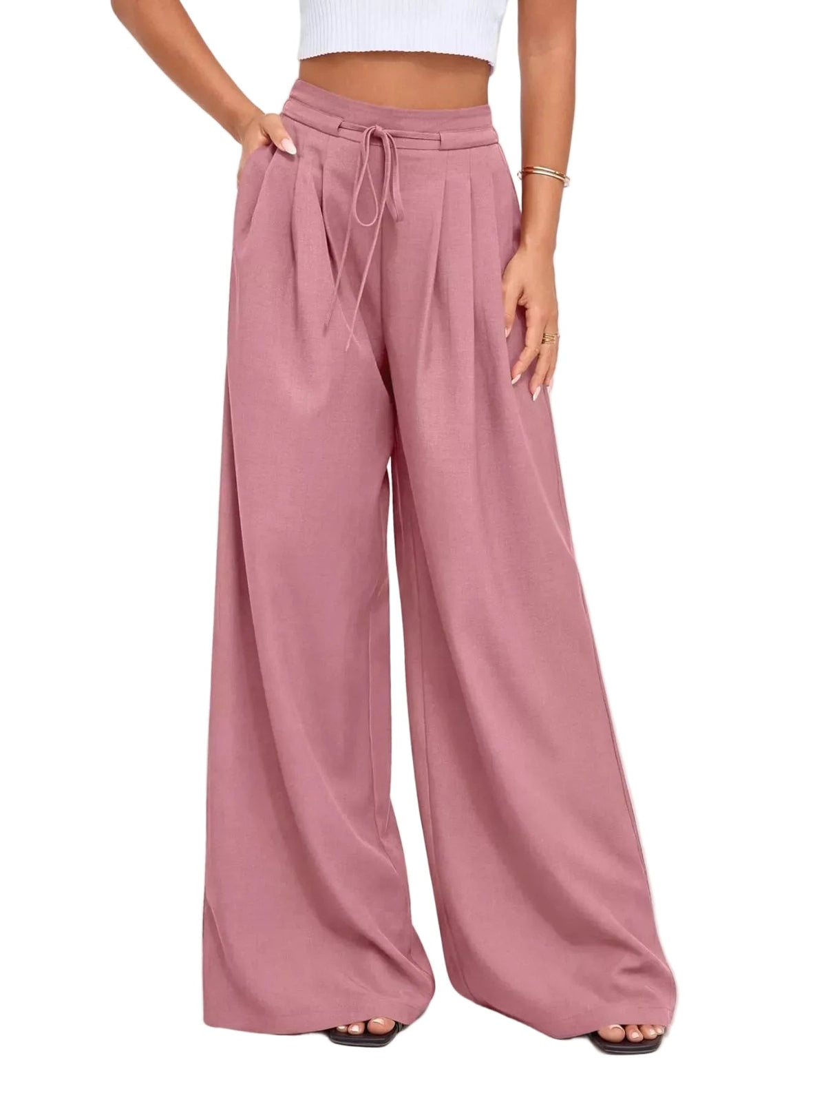 Women’s High-Waisted Pleated Wide-Leg Trousers – Drawstring Full-Length Tailored Pants for Office Travel Weekend Dining and Smart Casual Everyday Styling