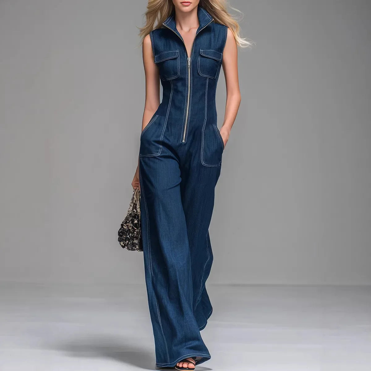 Combinaison en jean sans manches pour femme – Combinaison une pièce à jambes larges avec fermeture éclair sur le devant, idéale au quotidien