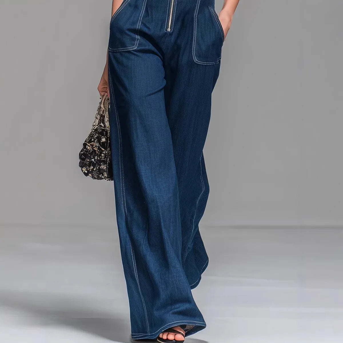 Combinaison en jean sans manches pour femme – Combinaison une pièce à jambes larges avec fermeture éclair sur le devant, idéale au quotidien