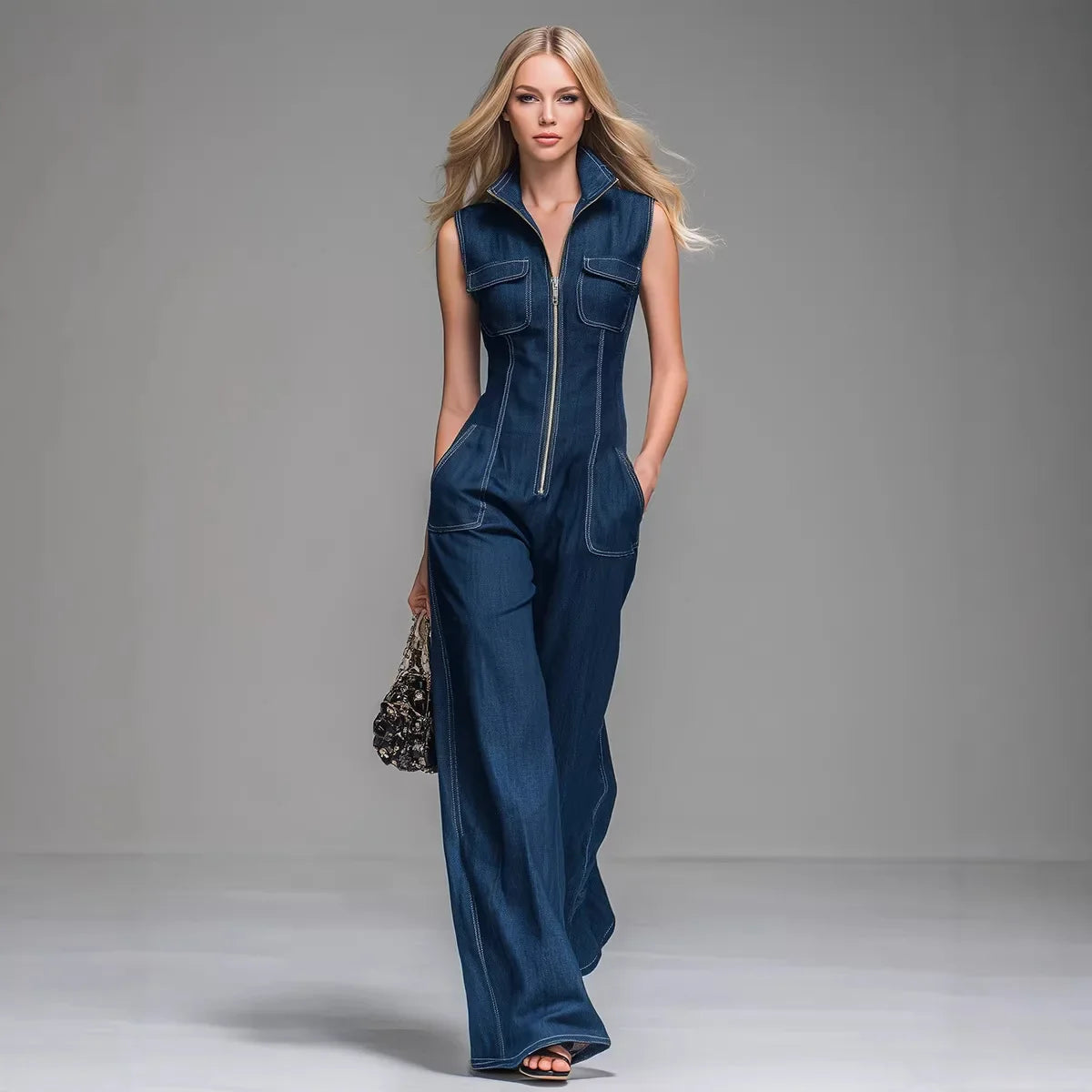 Combinaison en jean sans manches pour femme – Combinaison une pièce à jambes larges avec fermeture éclair sur le devant, idéale au quotidien