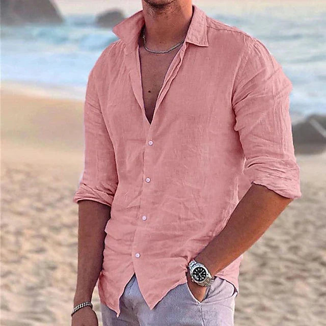 Camisa veraniega entallada de manga larga para hombre - Camisa ligera con botones para vacaciones y el uso diario informal