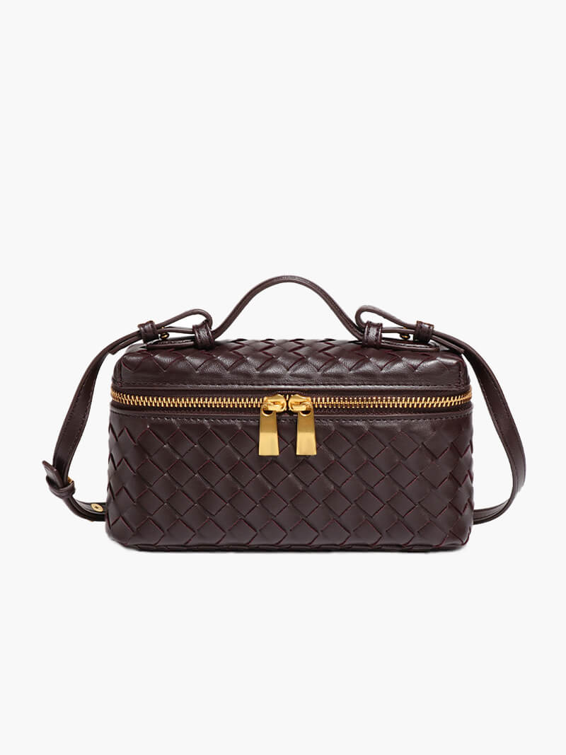 Women’s Woven Box Handbag – Compact Top-Handle Crossbody Bag with Gold Zip for Day and Evening Wear