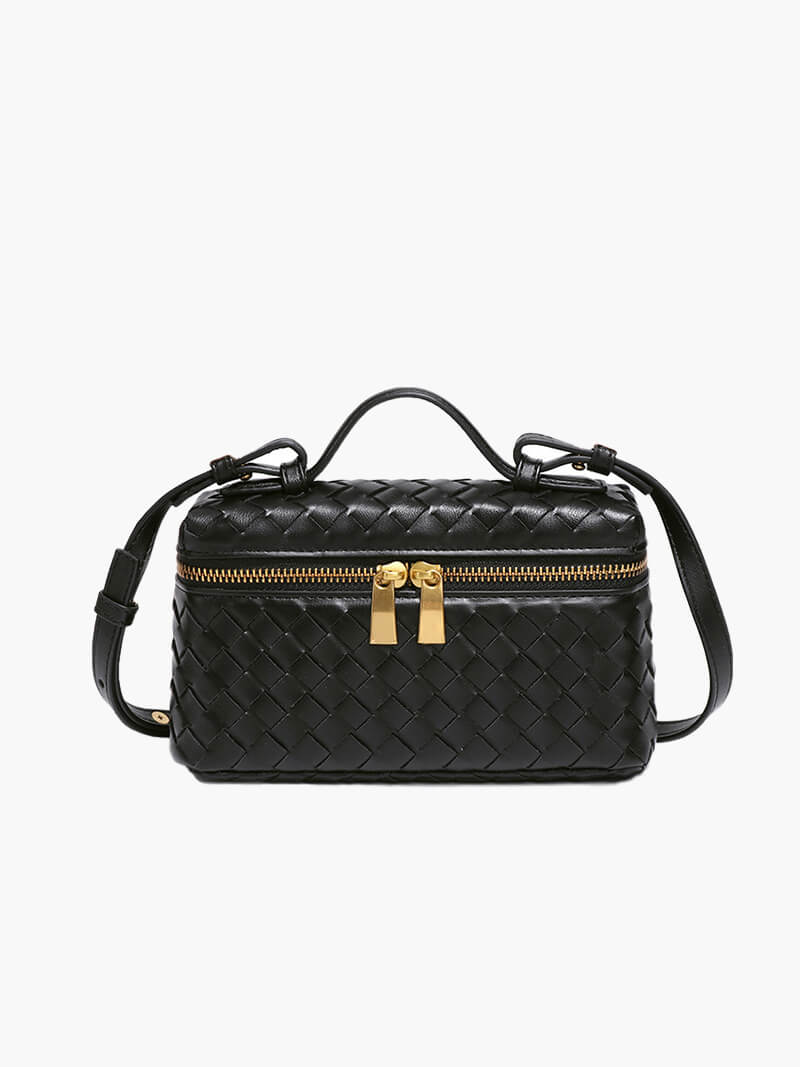 Women’s Woven Box Handbag – Compact Top-Handle Crossbody Bag with Gold Zip for Day and Evening Wear