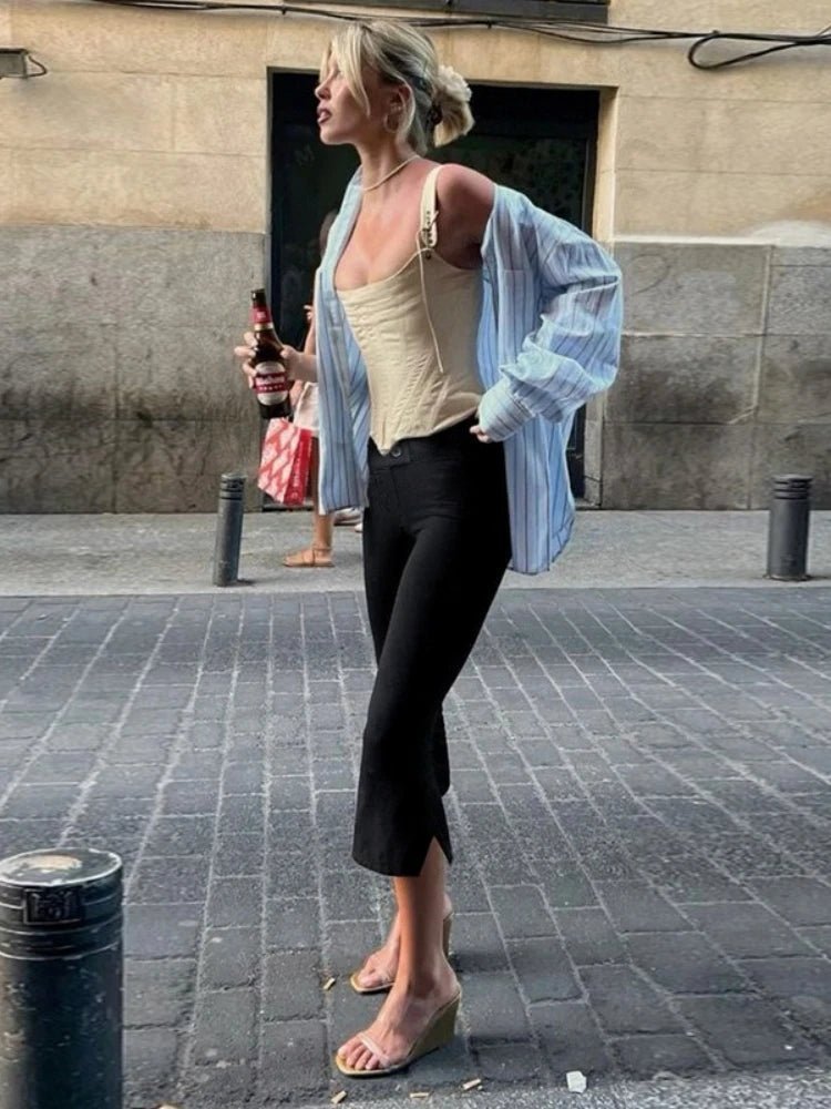 سراويل نسائية بقصة واسعة متدرجة وخصر عالٍ بطول قصير - تصميم كابري بقصة ضيقة للعمل في الربيع والصيف وللإطلالات الأنيقة غير الرسمية والارتداء اليومي