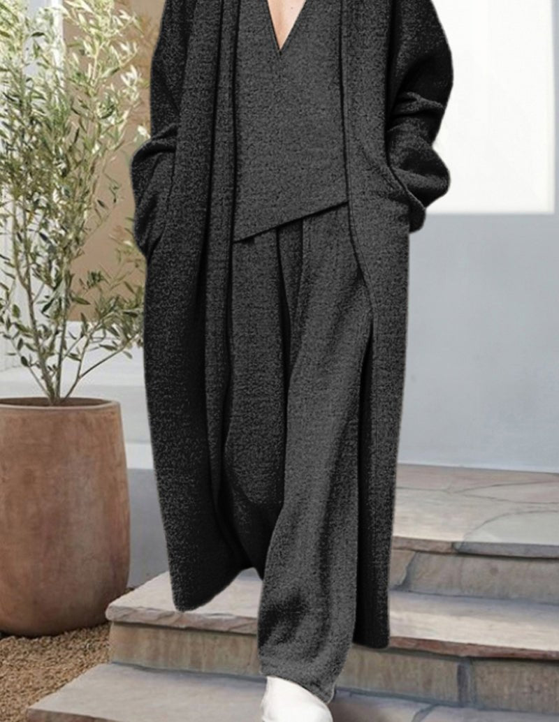 Ensemble détente trois pièces pour femmes avec cardigan long drapé