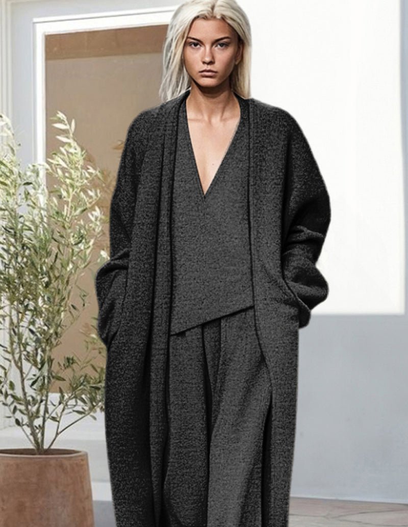 Ensemble détente trois pièces pour femmes avec cardigan long drapé