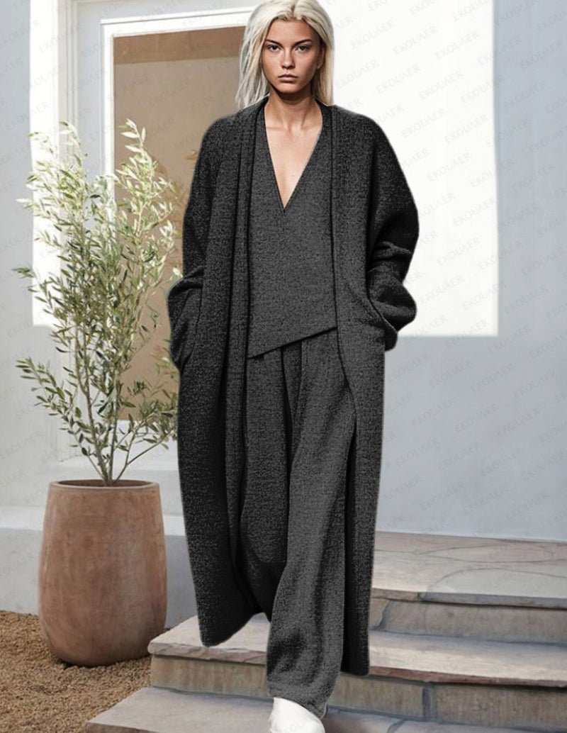 Ensemble détente trois pièces pour femmes avec cardigan long drapé