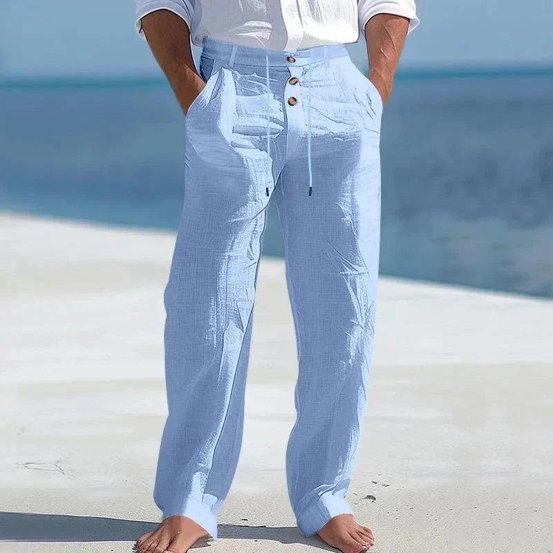 Pantaloni bărbătești din in cu șnur – pantaloni de vară lejeri pentru plajă și vacanță