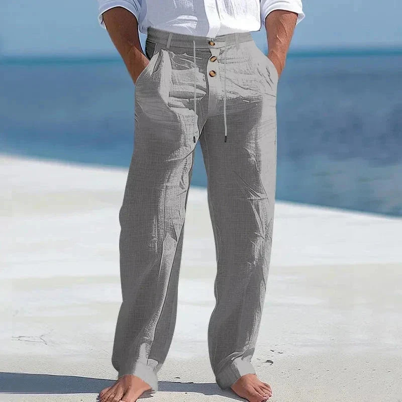 Pantaloni bărbătești din in cu șnur – pantaloni de vară lejeri pentru plajă și vacanță