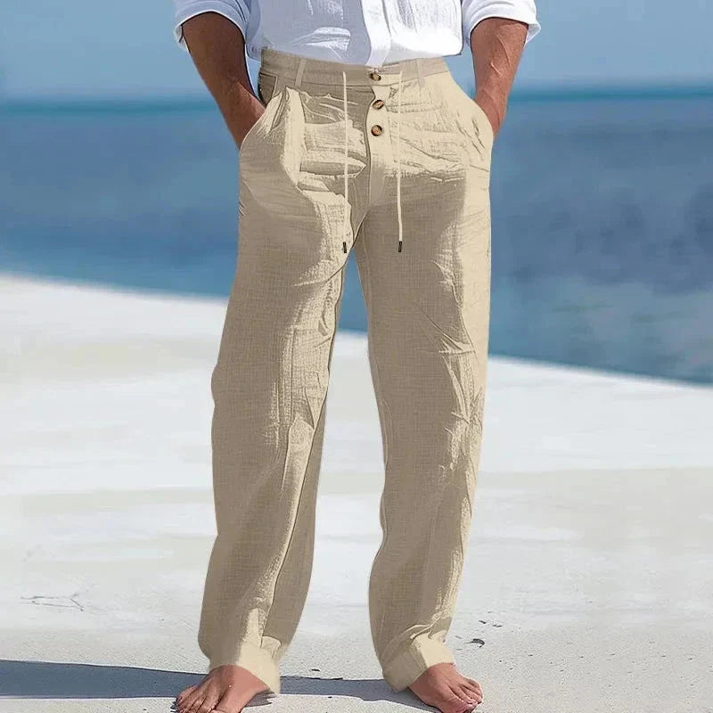 Pantaloni bărbătești din in cu șnur – pantaloni de vară lejeri pentru plajă și vacanță