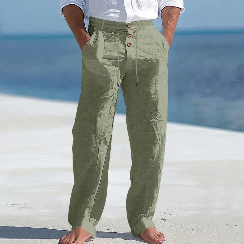 Pantaloni bărbătești din in cu șnur – pantaloni de vară lejeri pentru plajă și vacanță