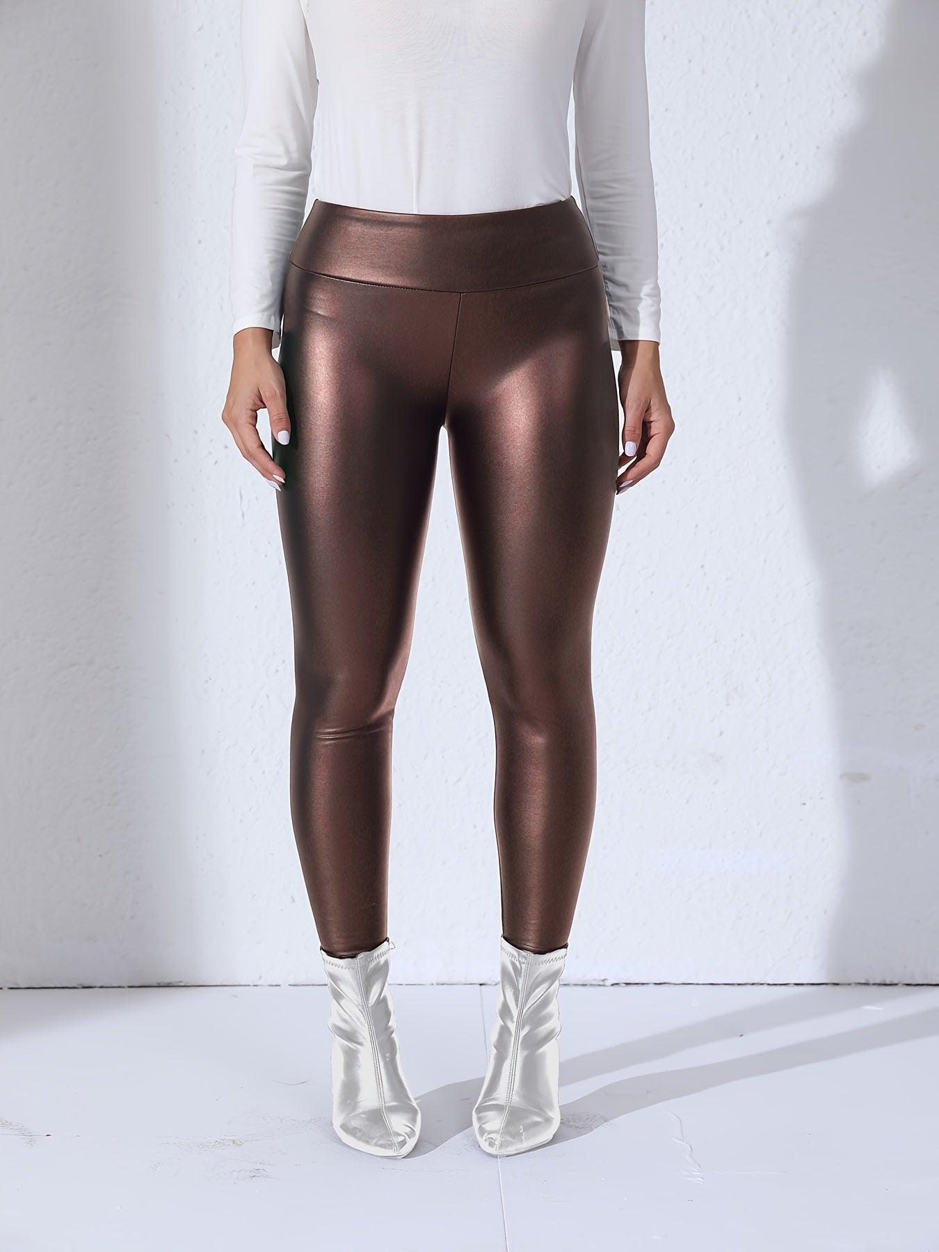 Leggings de cuero PU para mujer, cintura alta, elásticos, ajustados, elegantes, casuales para uso diario