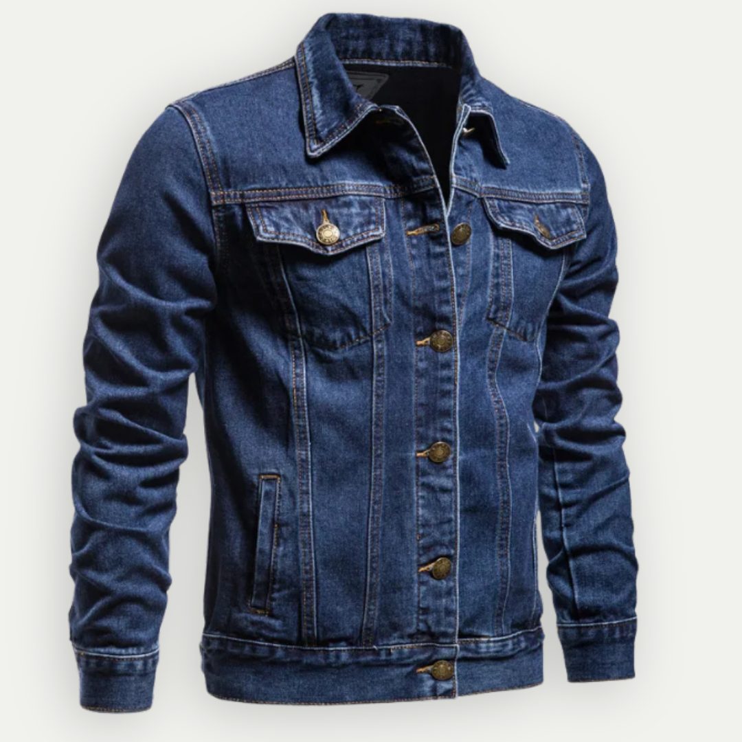 Giacca classica in denim da uomo - modello trucker con bottoni sul davanti e tasche applicate con patta sul petto, per un look casual di tutti i giorni