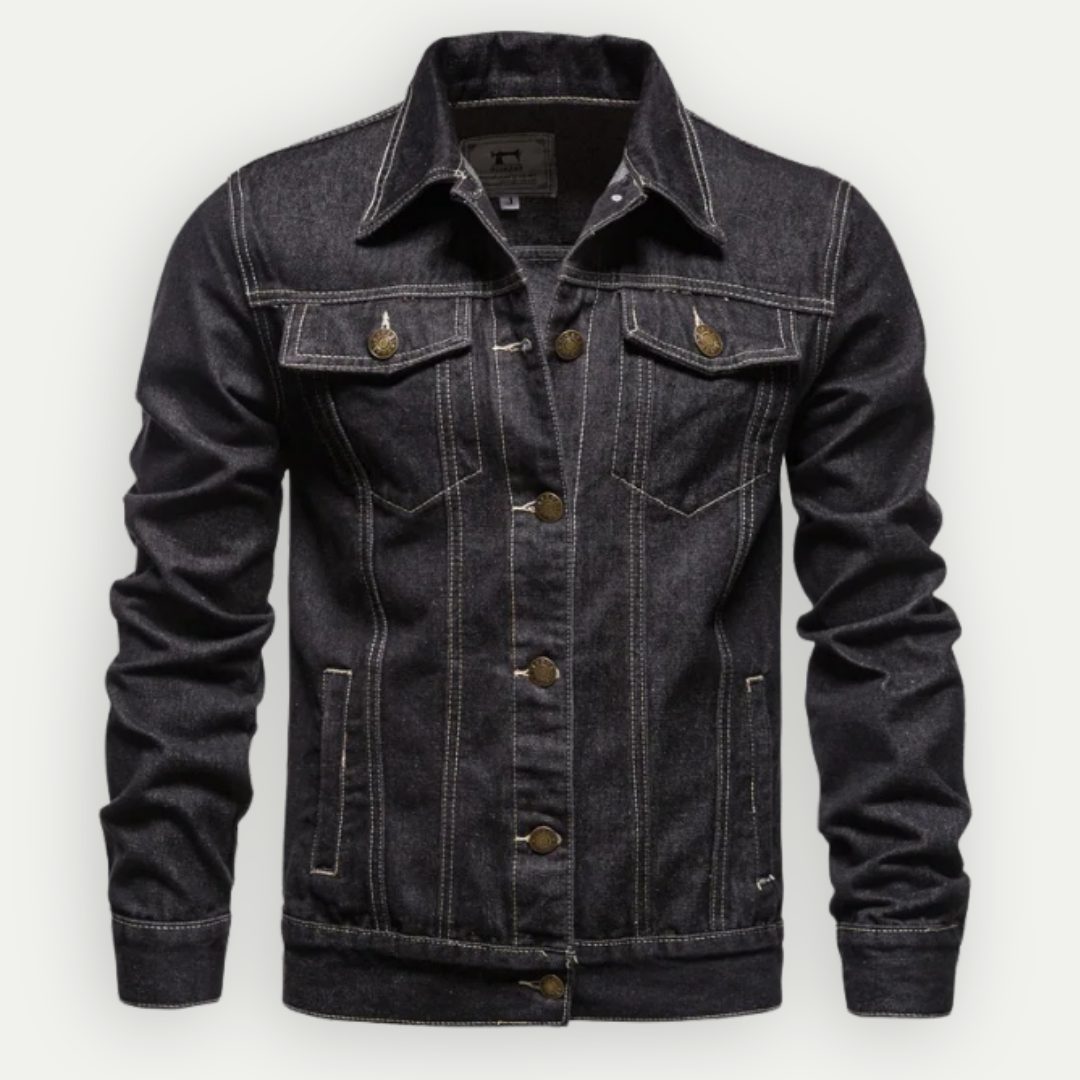 Giacca classica in denim da uomo - modello trucker con bottoni sul davanti e tasche applicate con patta sul petto, per un look casual di tutti i giorni