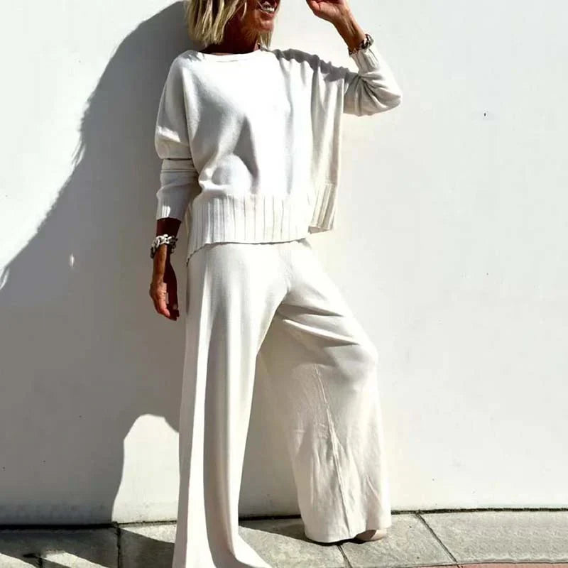 Dames relaxed wide-leg co-ordset - cropped top met lange mouwen en elastische taille voor casual dagelijks gebruik