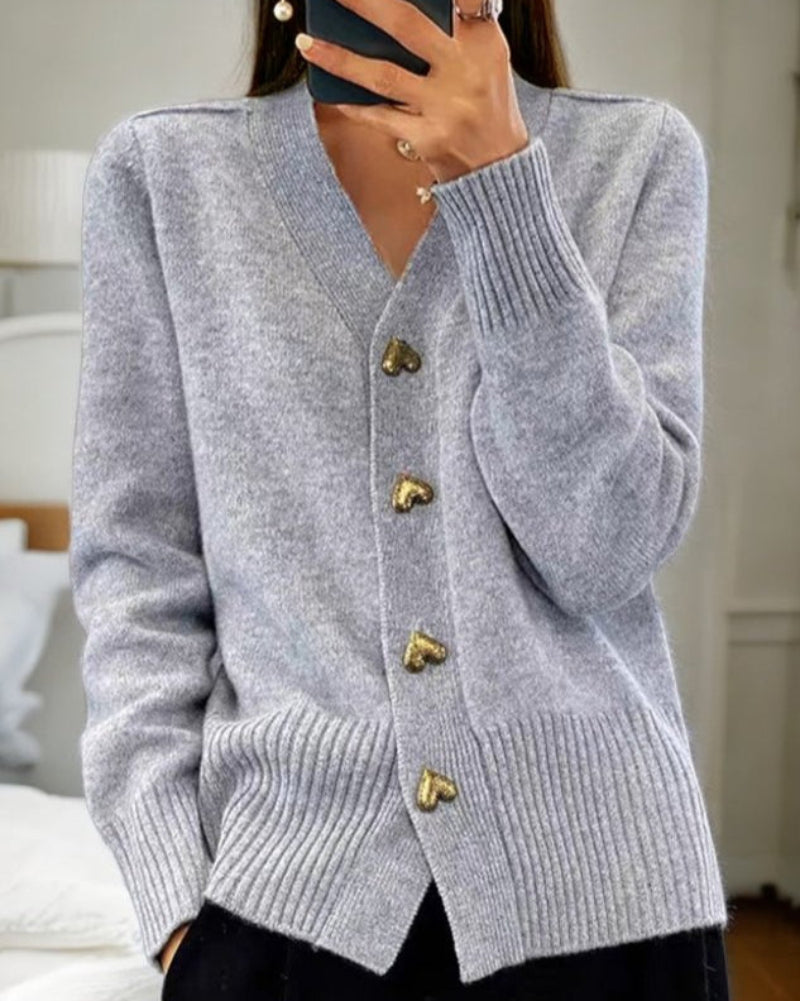 Cárdigan de punto para mujer con detalle de botones en forma de corazón, ajuste relajado, prenda para superponer