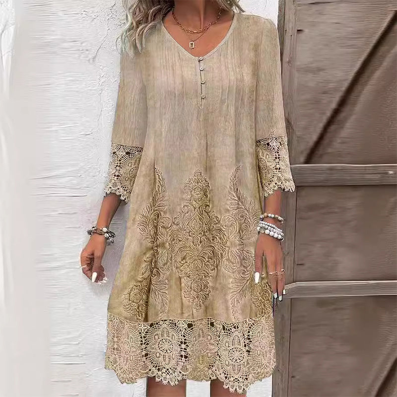 Women’s Lace-Trim Shift Dress – Embroidered Midi Dress for Summer Wear