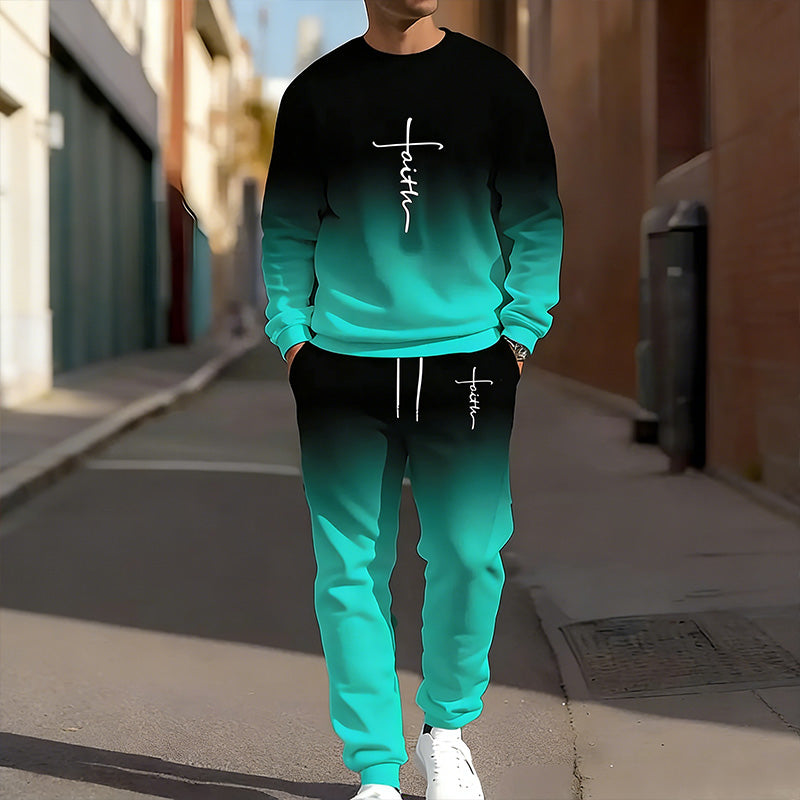 Tuta sportiva da uomo stampata in due pezzi con felpa girocollo e jogger con coulisse - Completo casual per la primavera e l’autunno