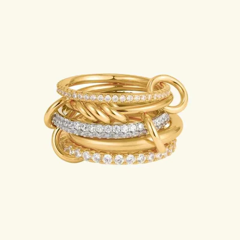 Anel de prata de lei com banho de ouro para mulher, para usar em conjunto – anel marcante em camadas com pedras pavé para um uso elegante no dia a dia e em ocasiões especiais