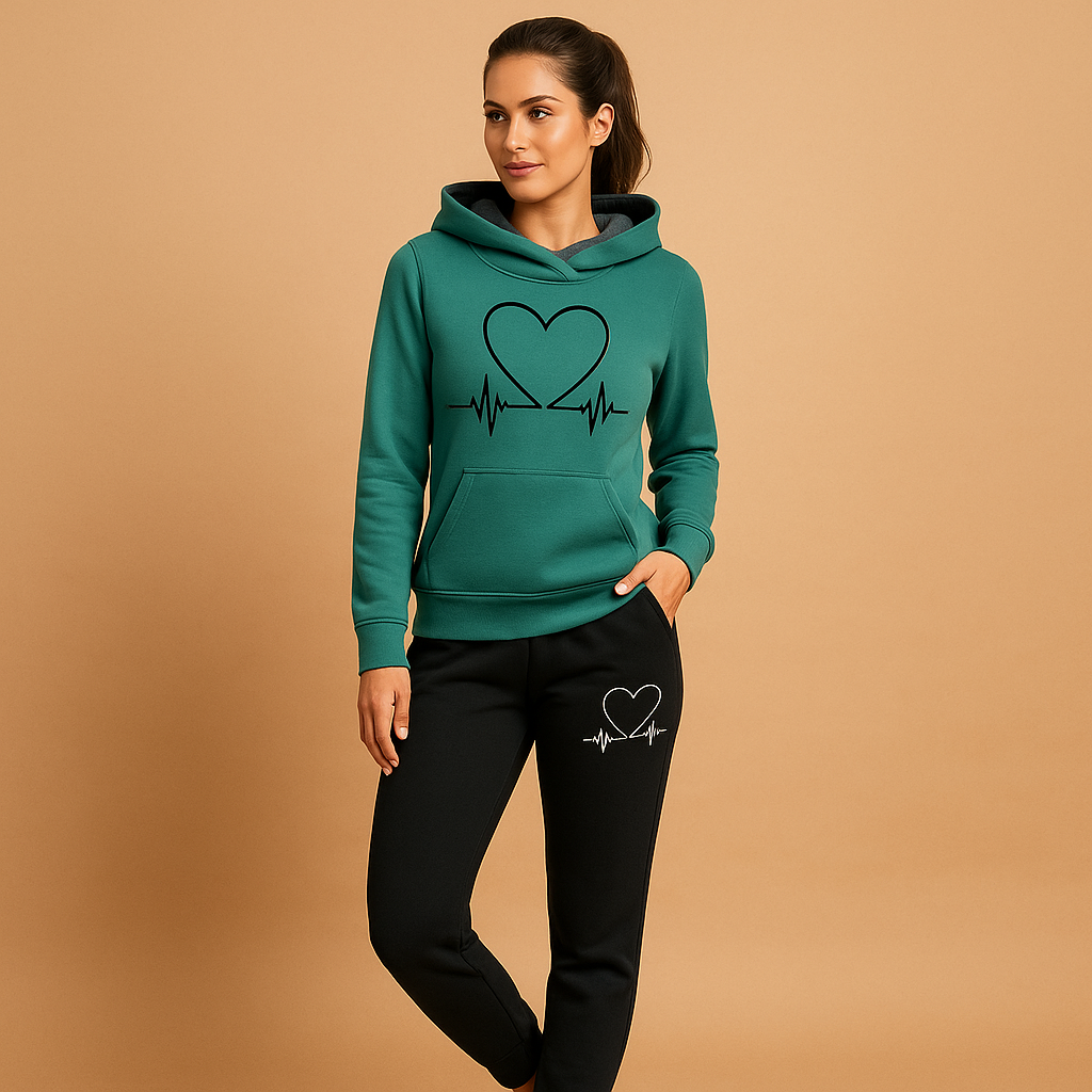 Conjunto de jogging com capuz para mulher - Sweatshirt com gráfico de coração e calças de jogging descontraídas para dias casuais e um estilo urbano confortável de fim de semana