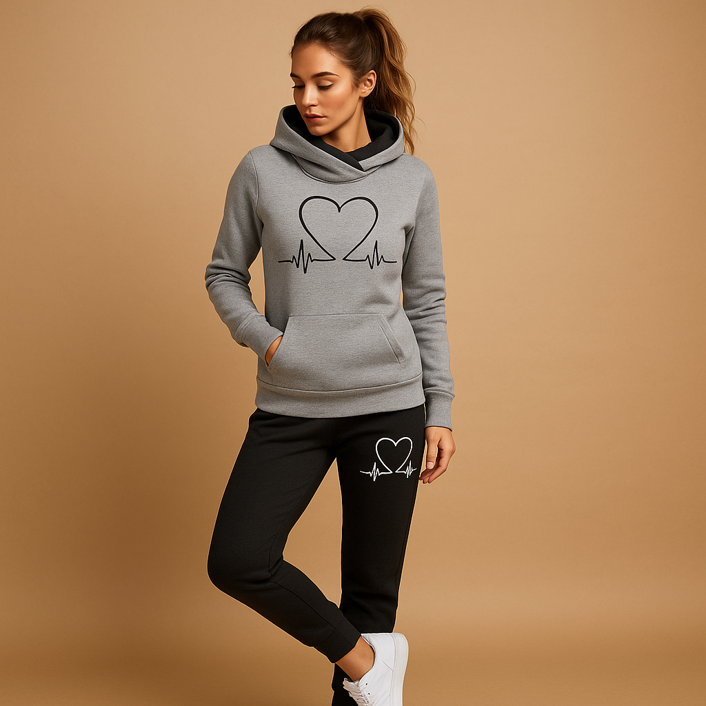 Conjunto de jogging com capuz para mulher - Sweatshirt com gráfico de coração e calças de jogging descontraídas para dias casuais e um estilo urbano confortável de fim de semana