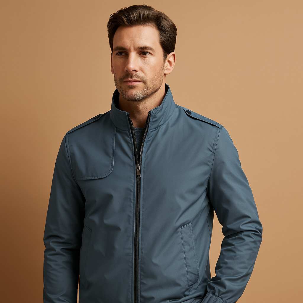 Jachetă bărbătească ușoară de vară, cu guler ridicat – model modern scurt, cu fermoar și buzunare practice, pentru ținute smart-casual în oraș, la birou, în călătorii și în viața de zi cu zi