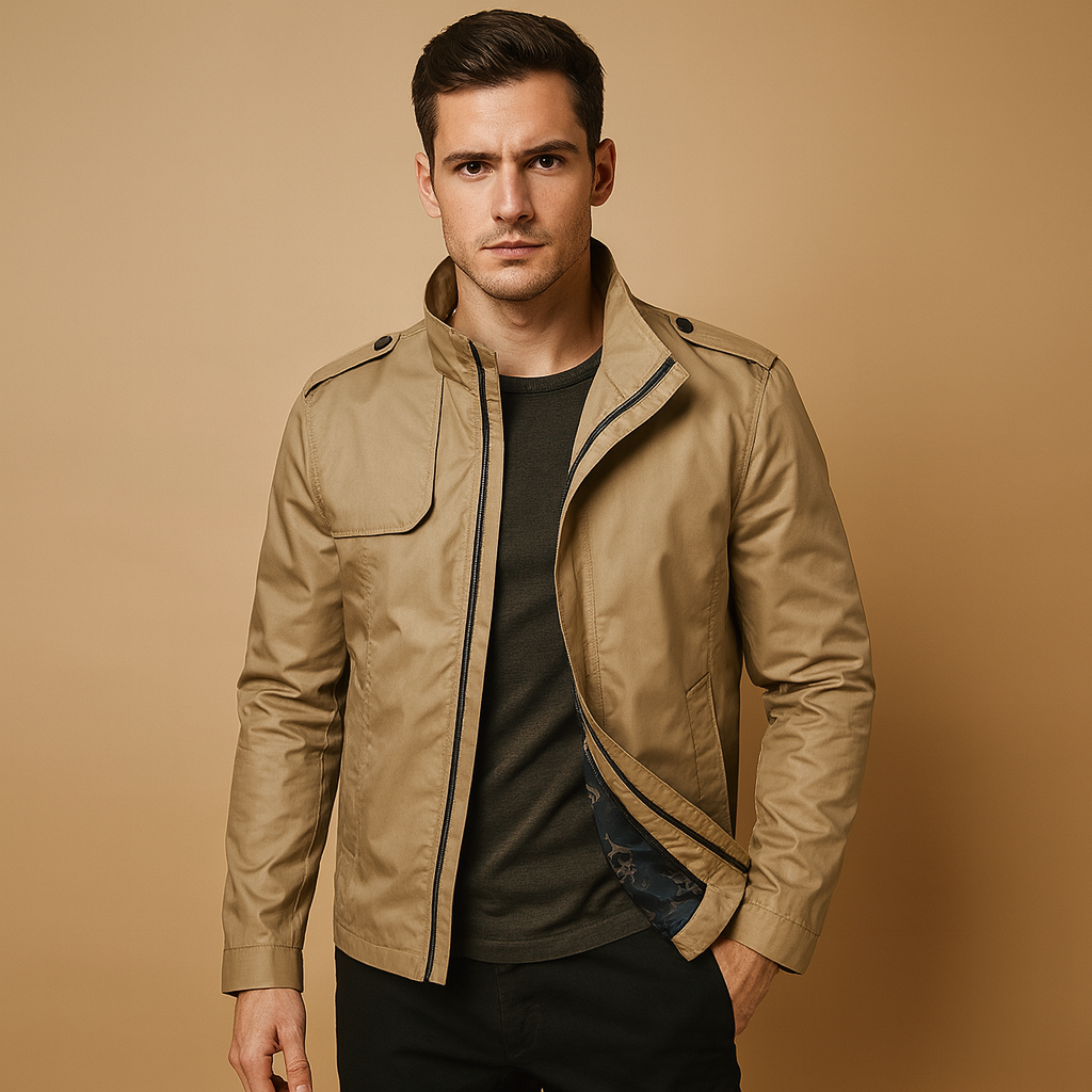 Jachetă bărbătească ușoară de vară, cu guler ridicat – model modern scurt, cu fermoar și buzunare practice, pentru ținute smart-casual în oraș, la birou, în călătorii și în viața de zi cu zi