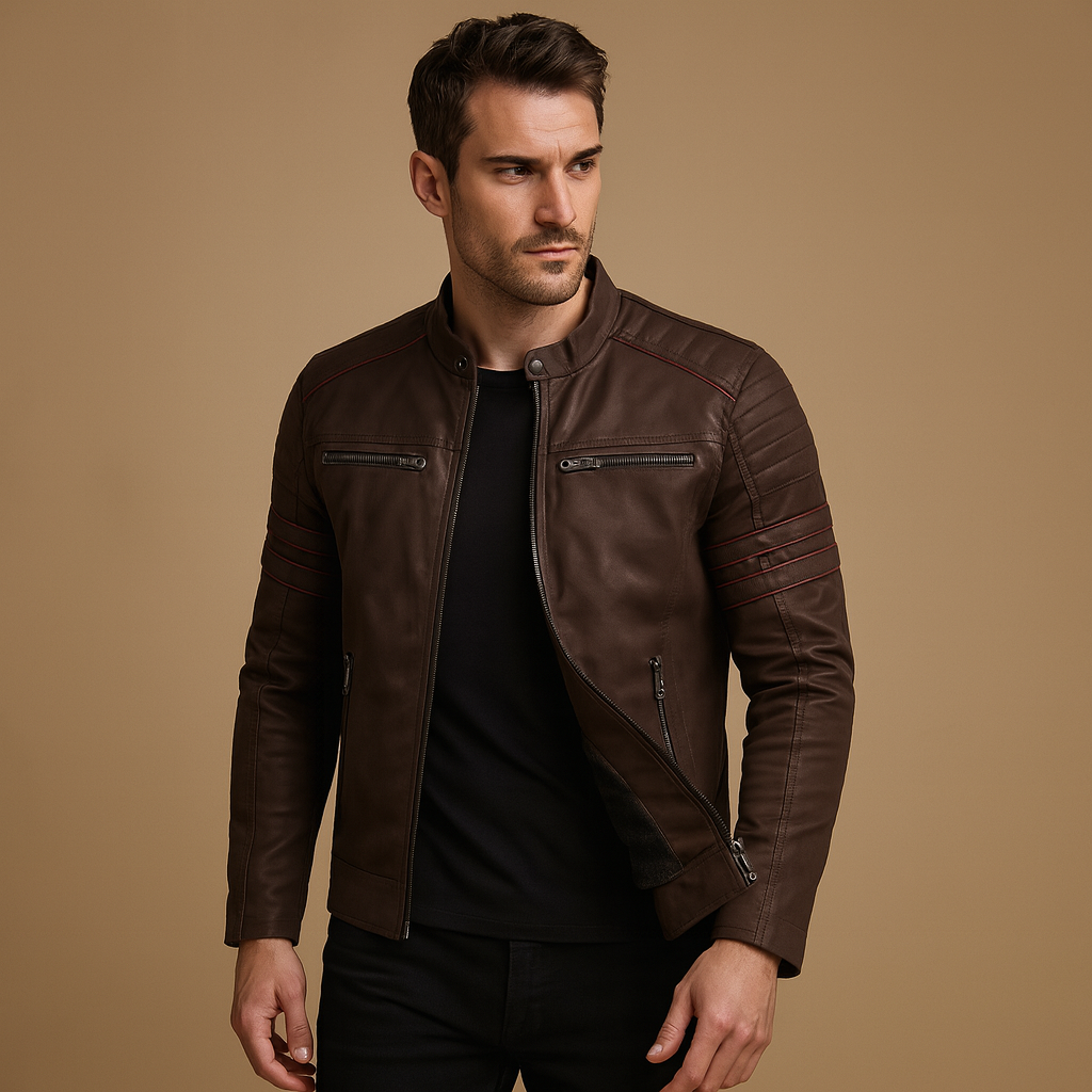 Men’s Leather-Look Biker Jacket – Fitted Zip-Up Motorcycle Style for Autumn Winter Casual City and Evening Wear