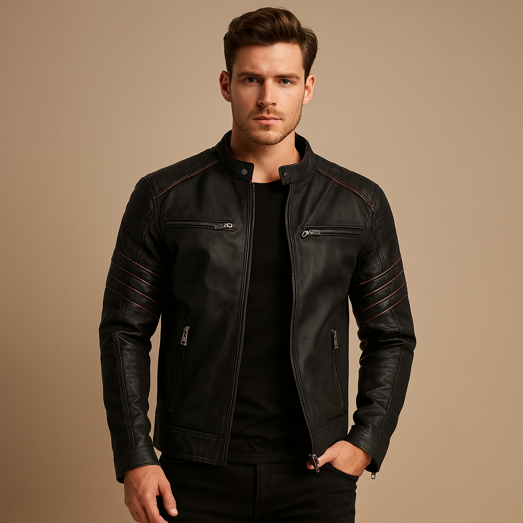 Men’s Leather-Look Biker Jacket – Fitted Zip-Up Motorcycle Style for Autumn Winter Casual City and Evening Wear