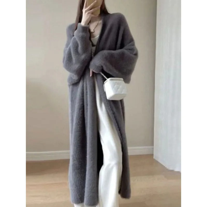 Lange, flauschige Strickjacke mit offenem Vorderteil für Damen – Weiche strukturierte Maxischicht für elegante Alltags- und Übergangslooks