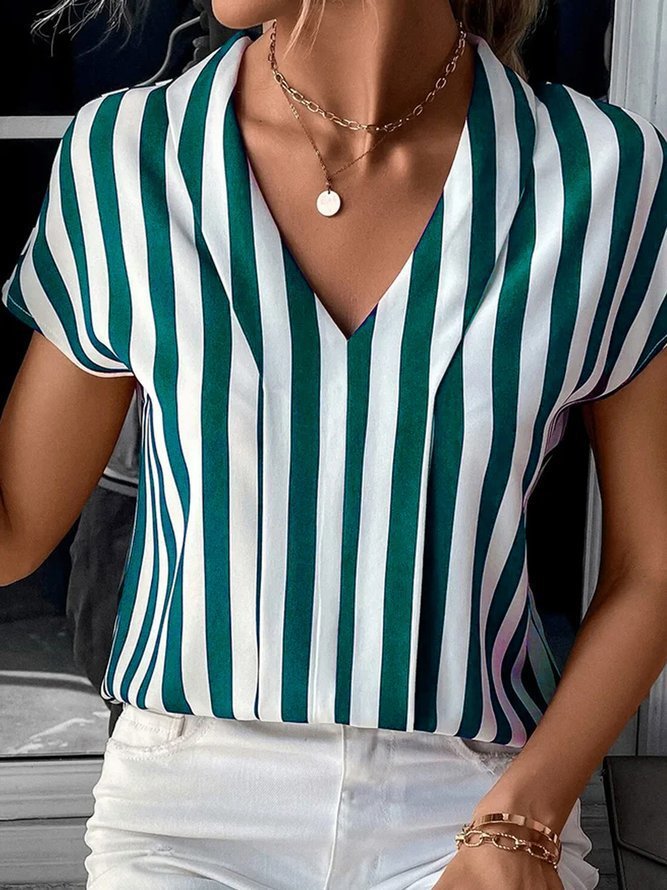 Blusa estampada para mujer con cuello en V y cuello drapeado – Estilo holgado de manga corta para el trabajo y los fines de semana