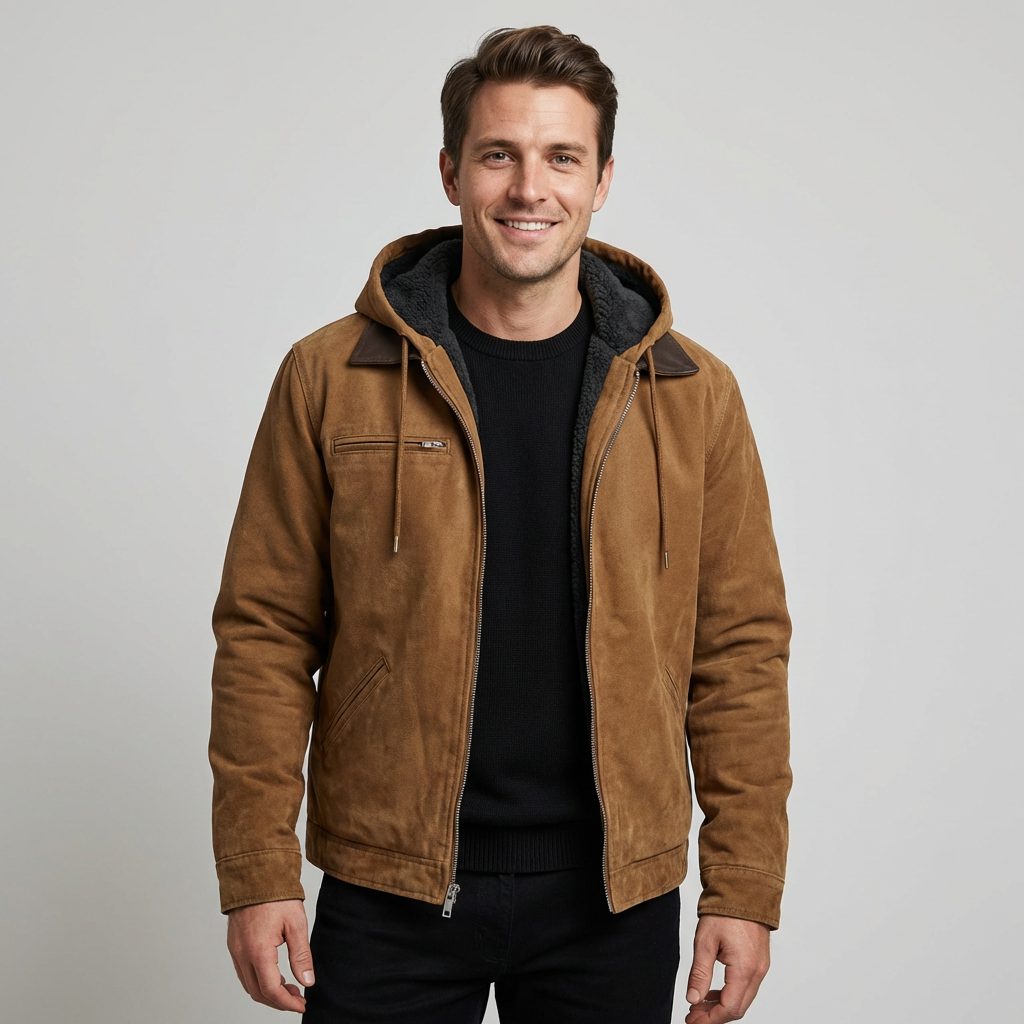 Giacca bomber con cappuccio in camoscio da uomo - giacca con cerniera e fodera in pile, con tasche funzionali, per l'autunno e l'inverno