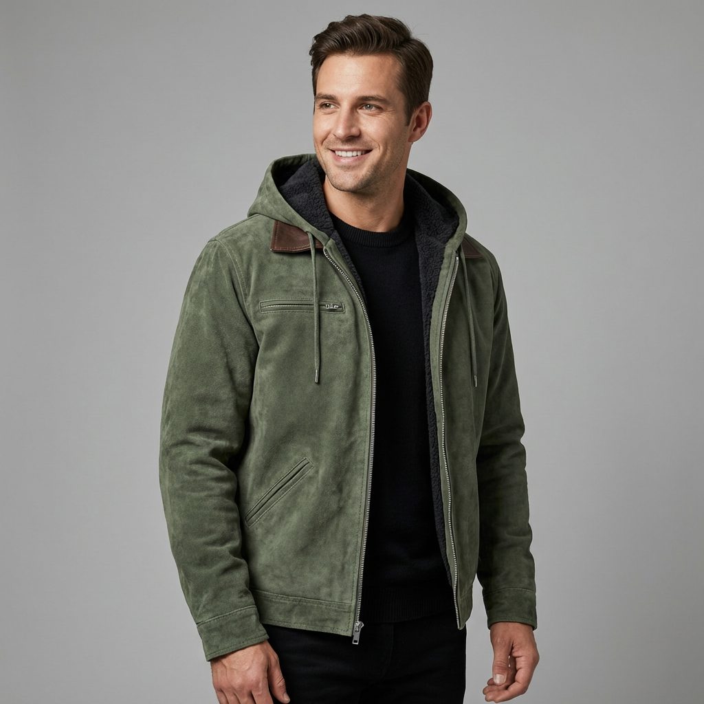 Giacca bomber con cappuccio in camoscio da uomo - giacca con cerniera e fodera in pile, con tasche funzionali, per l'autunno e l'inverno