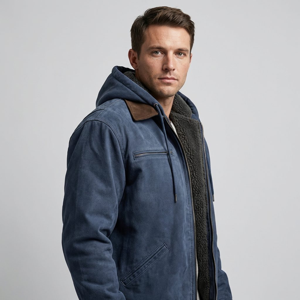 Giacca bomber con cappuccio in camoscio da uomo - giacca con cerniera e fodera in pile, con tasche funzionali, per l'autunno e l'inverno