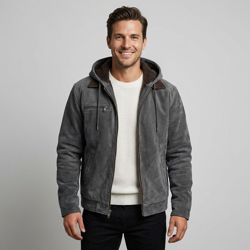 Giacca bomber con cappuccio in camoscio da uomo - giacca con cerniera e fodera in pile, con tasche funzionali, per l'autunno e l'inverno