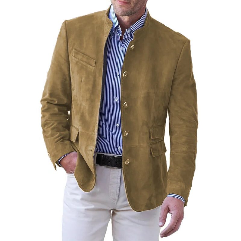Blazer i ruskind til mænd med ståkrave - figursyet jakke med knaplukning og praktiske lommer til smart-casual-brug