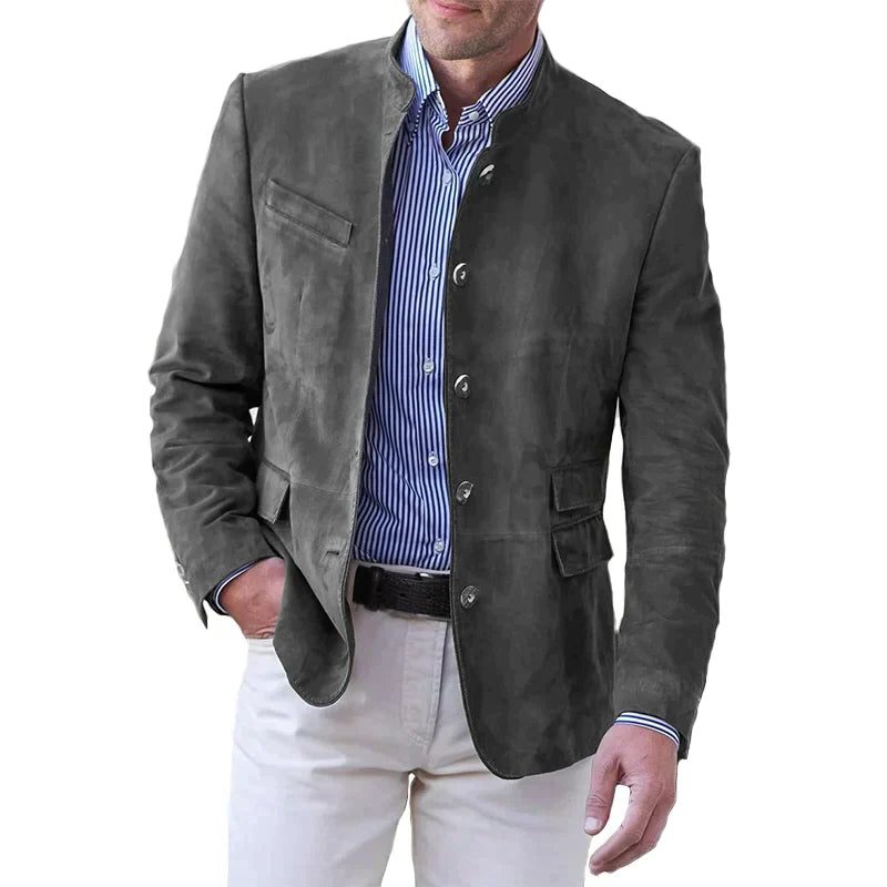 Blazer i ruskind til mænd med ståkrave - figursyet jakke med knaplukning og praktiske lommer til smart-casual-brug