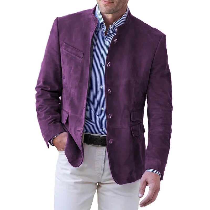 Blazer i ruskind til mænd med ståkrave - figursyet jakke med knaplukning og praktiske lommer til smart-casual-brug