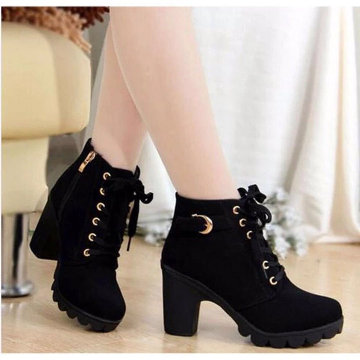 Women’s Suede Lace-Up Ankle Boots – Block-Heel Platform Boots with Gold-Tone Eyelets and Side Zip