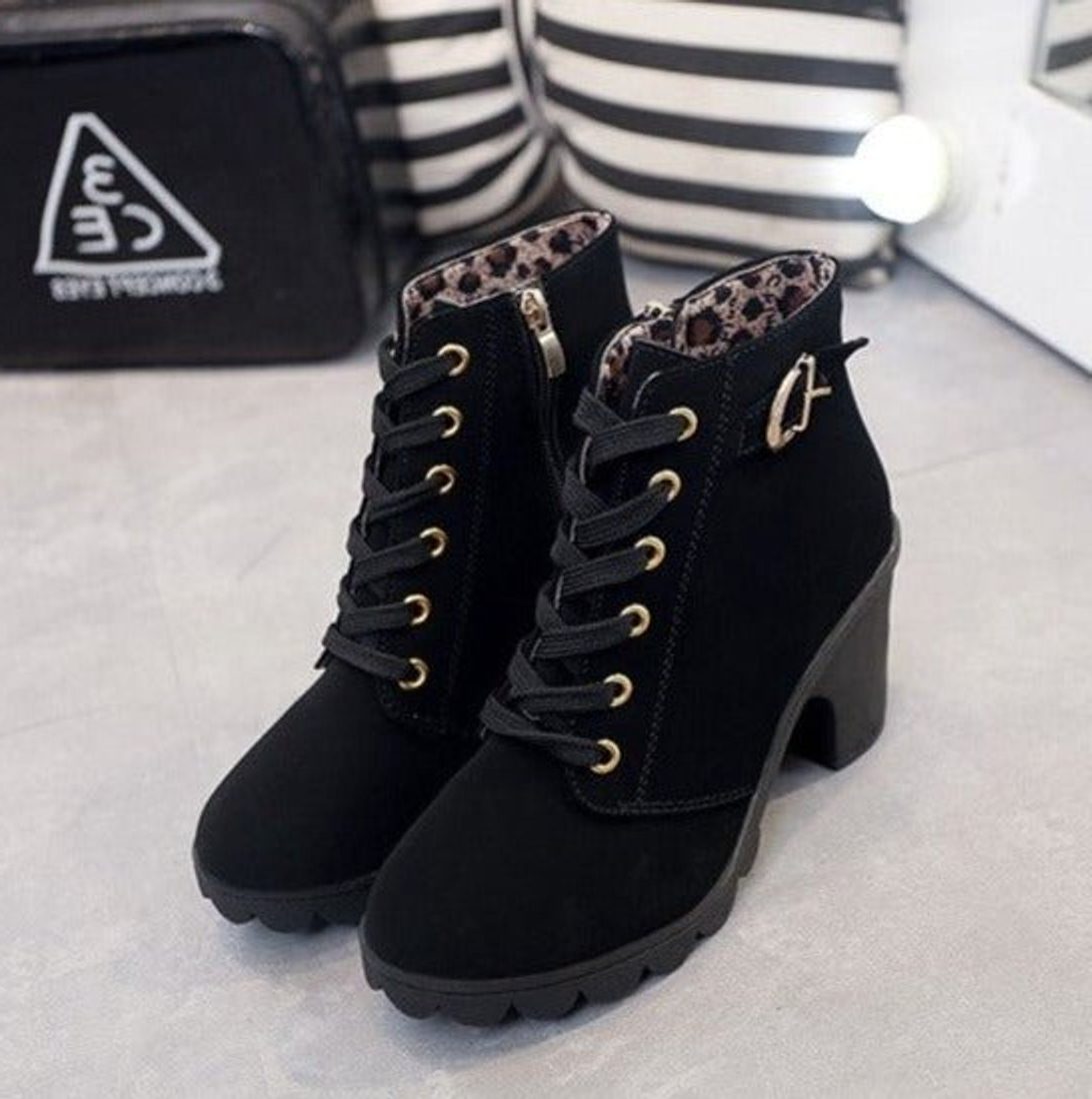 Women’s Suede Lace-Up Ankle Boots – Block-Heel Platform Boots with Gold-Tone Eyelets and Side Zip