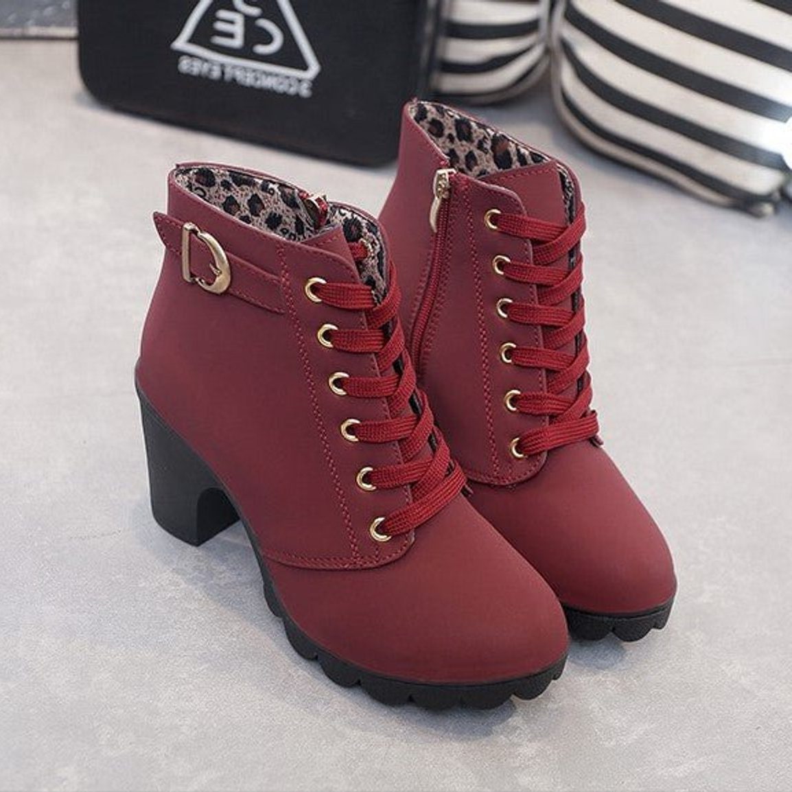Women’s Suede Lace-Up Ankle Boots – Block-Heel Platform Boots with Gold-Tone Eyelets and Side Zip