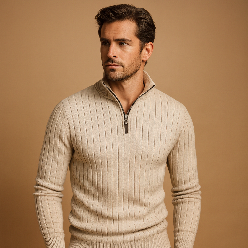Men’s Ribbed Half-Zip Knit Sweater – Stand-Collar Style for Smart Casual Autumn Winter Layering and Everyday Wear