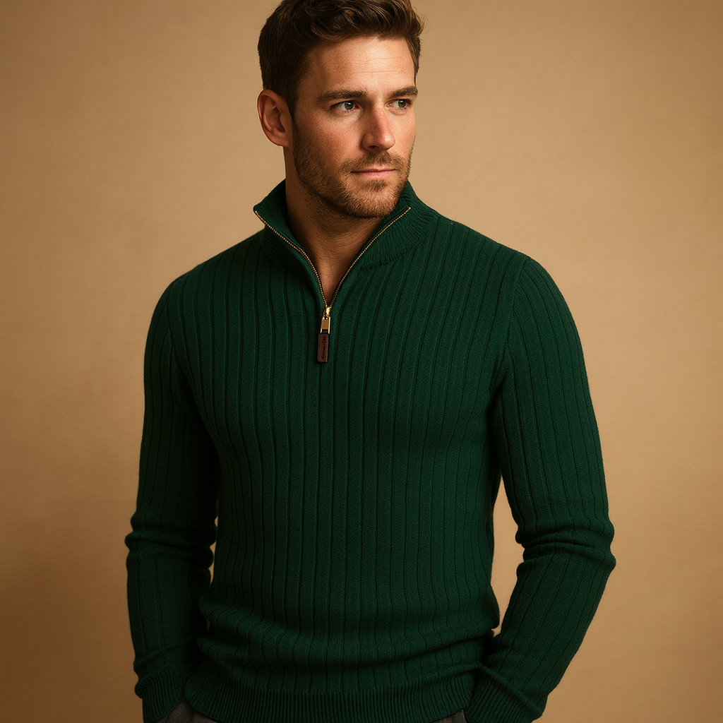 Men’s Ribbed Half-Zip Knit Sweater – Stand-Collar Style for Smart Casual Autumn Winter Layering and Everyday Wear