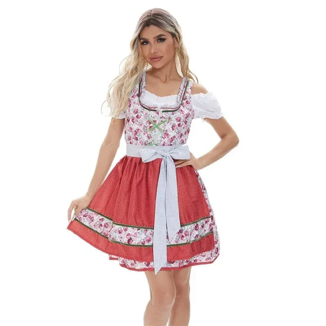 Dirndl floreale da donna con grembiule – Abito Oktoberfest con spalle scoperte per feste tradizionali